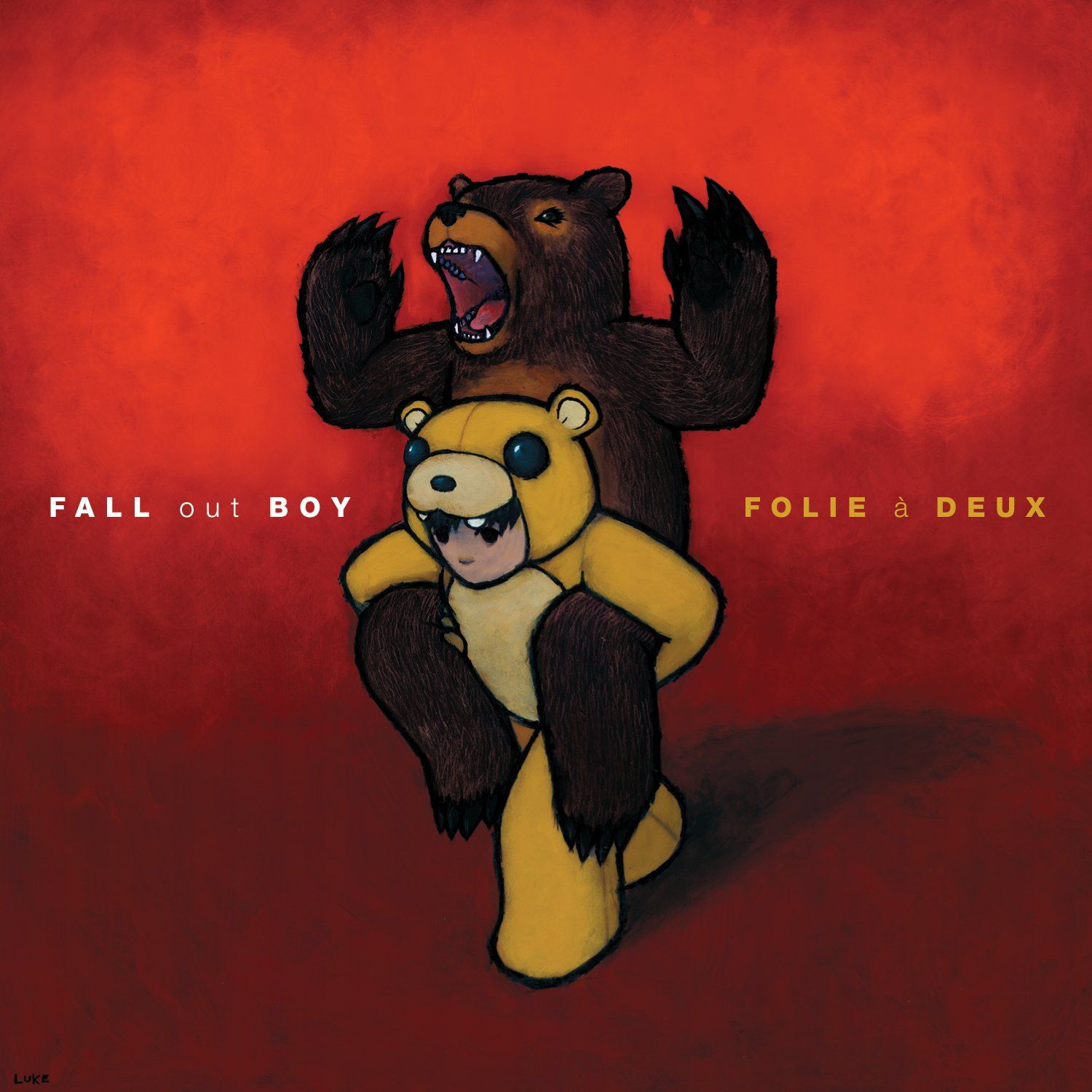 Album cover of Folie á Deux. Against a red background, a person in a pale-brown bear suit carries a dark brown bear on their back. The dark brown bear has its mouth open in a snarl, paws raised.