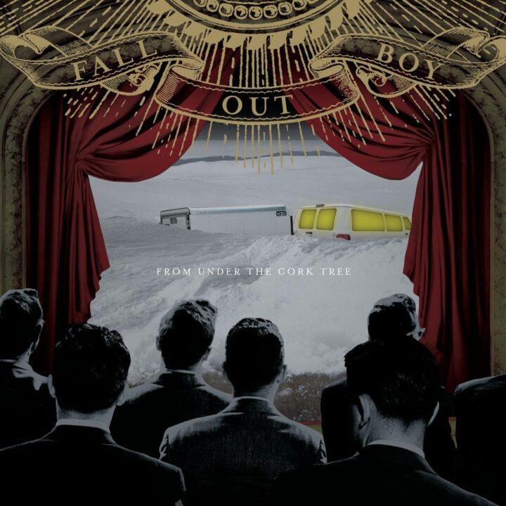 Album cover of From Under the Cork Tree. A view from the audience of a theatre stage, several black-and-white people looking like cardboard cutouts facing the stage, which has the red curtains drawn back to reveal a van with a trailer buried in snow.