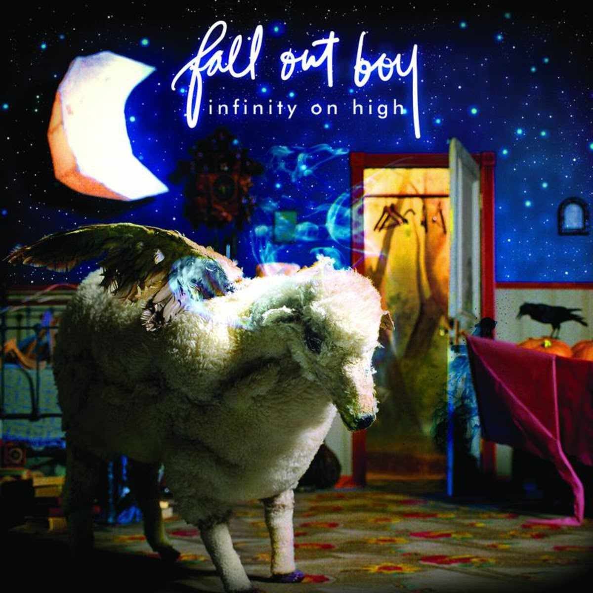 Album cover of Infinity On High. A bedroom with starry wallpaper, a giant crescent moon to the left and appearing to hover above a sheep with wings standing in the room