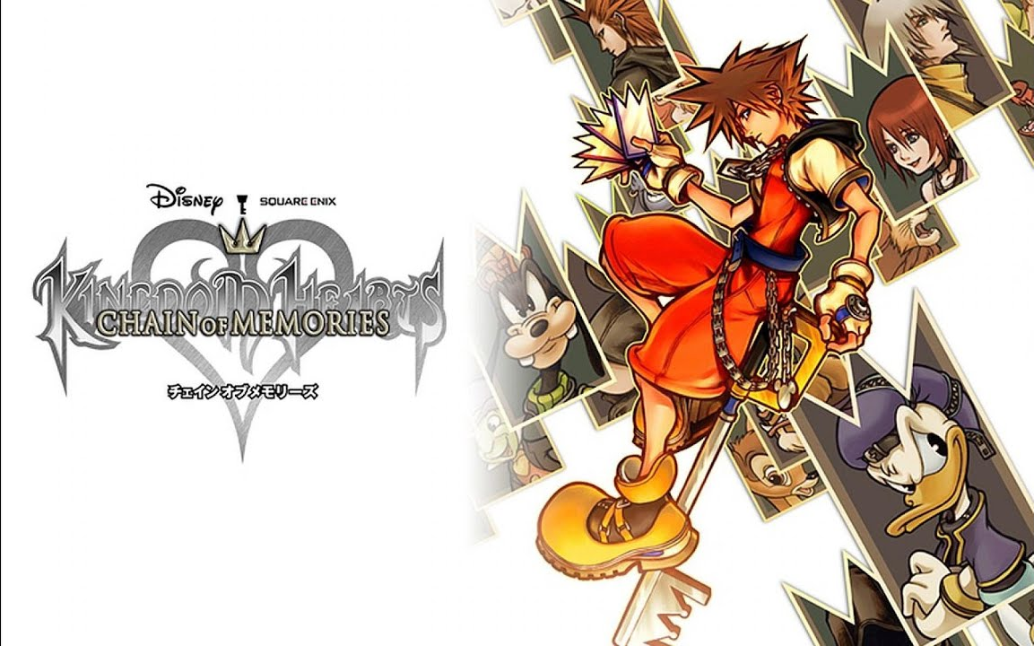 Title card for Kingdom Hearts: Chain of Memories. A side-on drawing of Sora, looking serious and holding several crown shaped cards in one hand and the keyblade in the other. The background shows more crown-shaped cards with various characters, including Goofy and Donald, shown on the cards that gradually face into a white background.