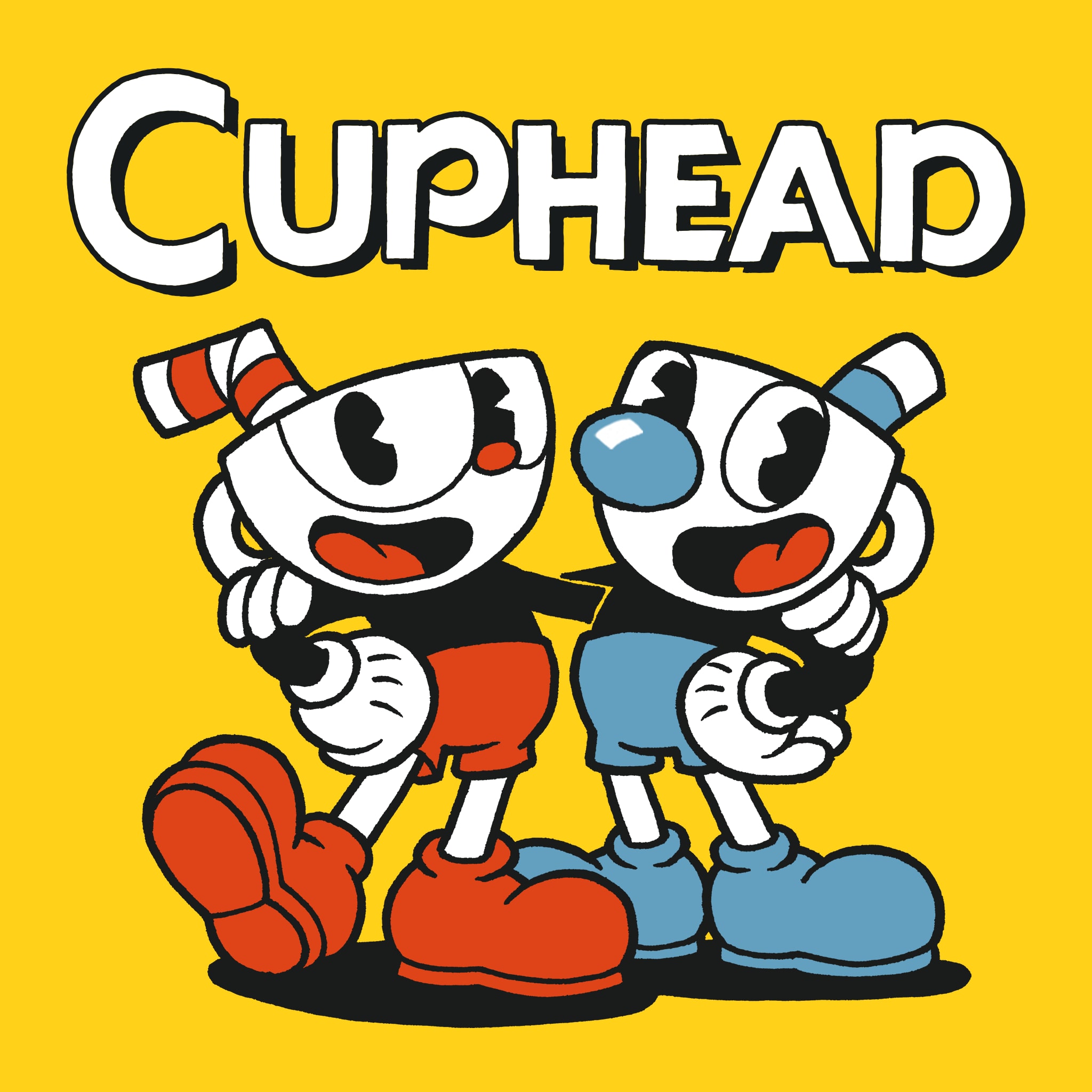 Game cover for cuphead. Two characters with teacups for heads drawn in a Mickey Mouse/1930s cartoon style have one arm around the other and face forward with big grins, against a yellow background. One cup has a red straw poking out and the other has a blue straw.