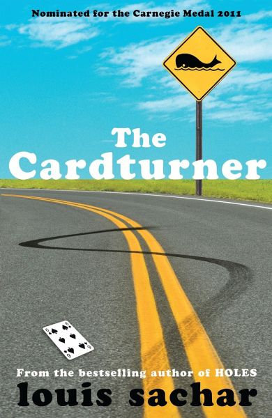 Book cover for the Cardturner, showing a section of road with skid marks and a road sign with a whale illustration. In the lower-left corner is a single playing card.